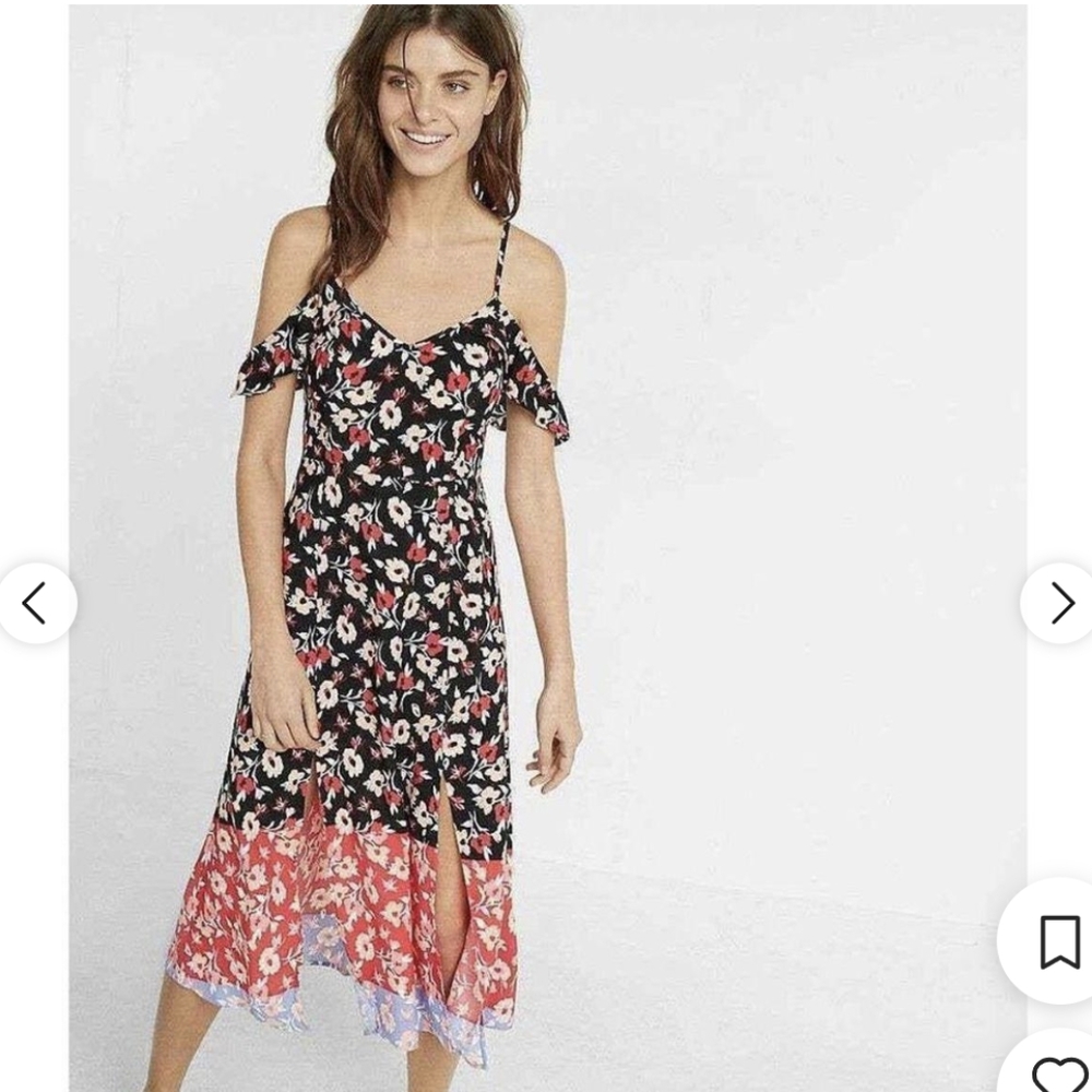 Express Midi dress floral size small two slit ruffle and spaghetti strap V Neck